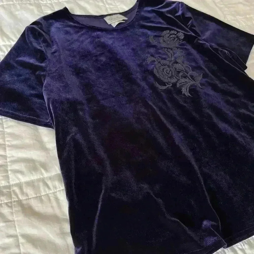 Vintage 90s Kathie Lee whimsigoth velvet shirt‎ purple blue